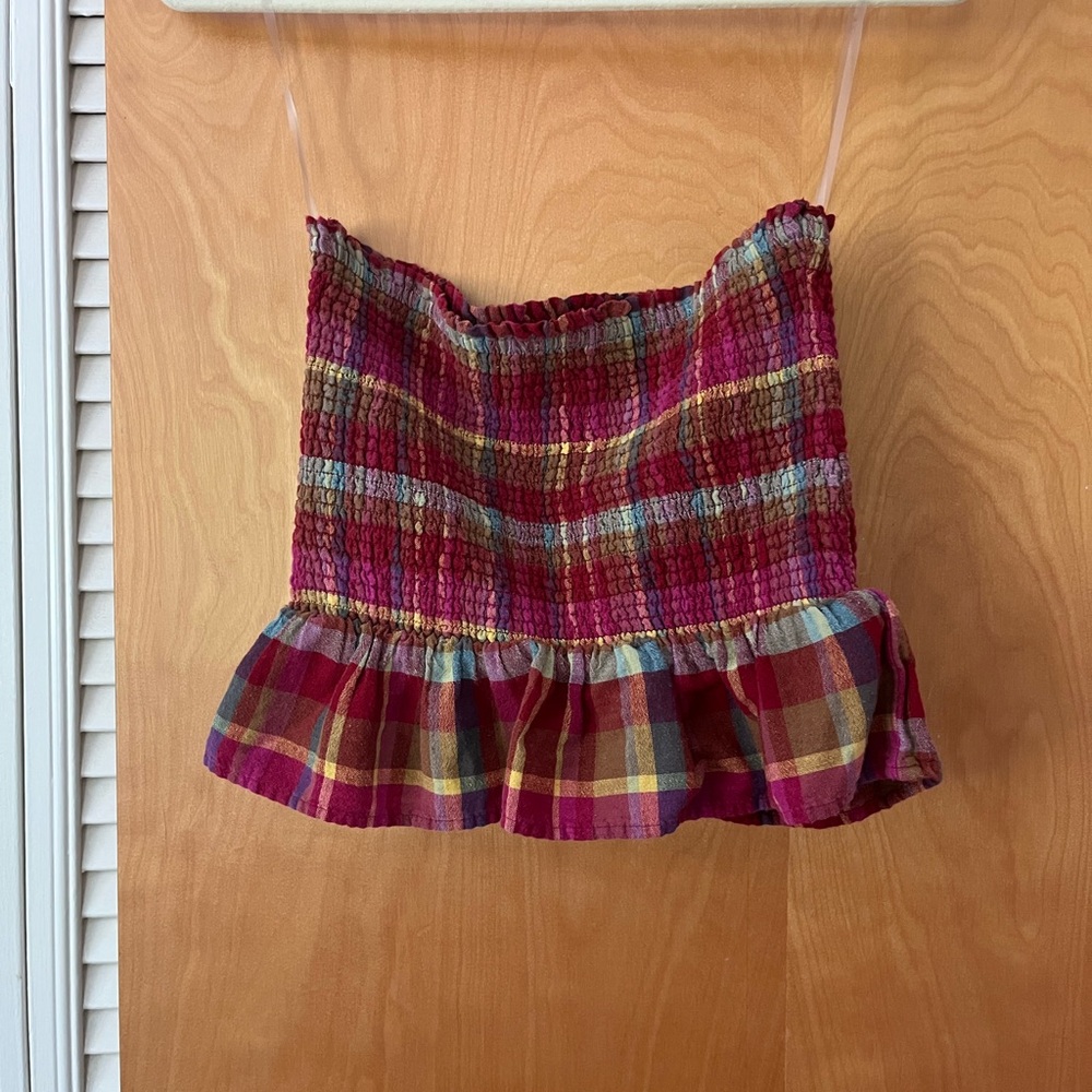 American Eagle Multicolor Plaid Peplum Tube Top